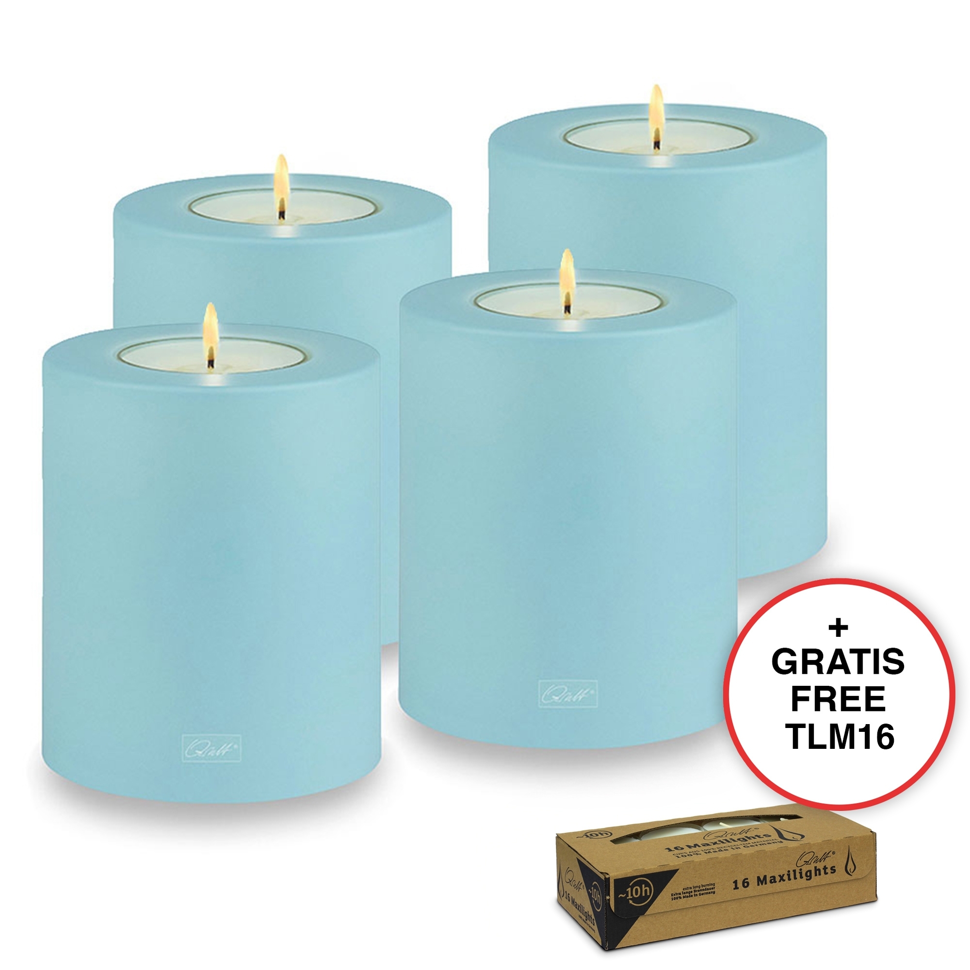 Qult Farluce Trend Colour - Tealight Candle Holder - clearwater - 4x Ø 10 cm H 12 cm - incl. 16 tealights Maxilights