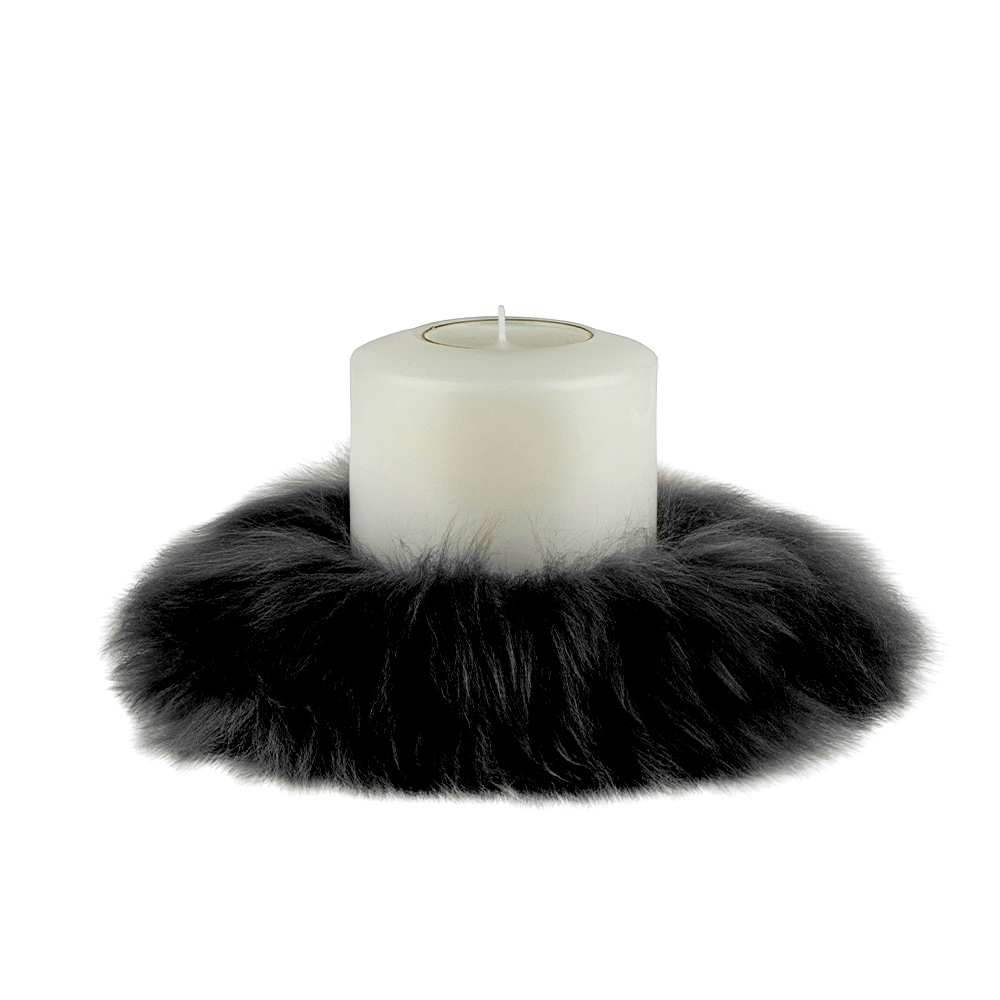 Qult Farluce candle real fur - Merino Lamb black - Candle Ring - Ø 8 cm x H Fur 5 cm