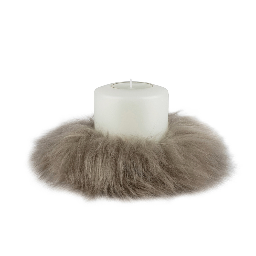 Qult Farluce candle real fur - Merino Lamb Taupe - Candle Ring - Ø 8 cm x H Fur 5 cm