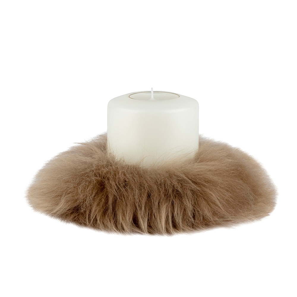 Qult Farluce candle real fur - Merino Lamb Taupe - Candle Ring - Ø 8 cm x H Fur 5 cm