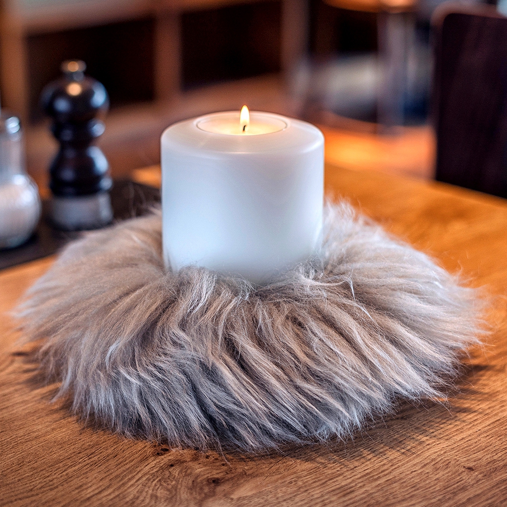 Qult Farluce Candle Real Fur - Tibet Lamb Taupe - Candle Cover - Ø 10 cm x  H Fur
