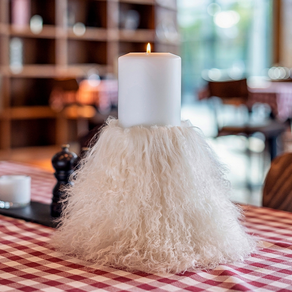 Qult Farluce candle real fur - Tibet Lamp Ecru - Candle Cover - Ø 10 cm x H Fur 20 cm