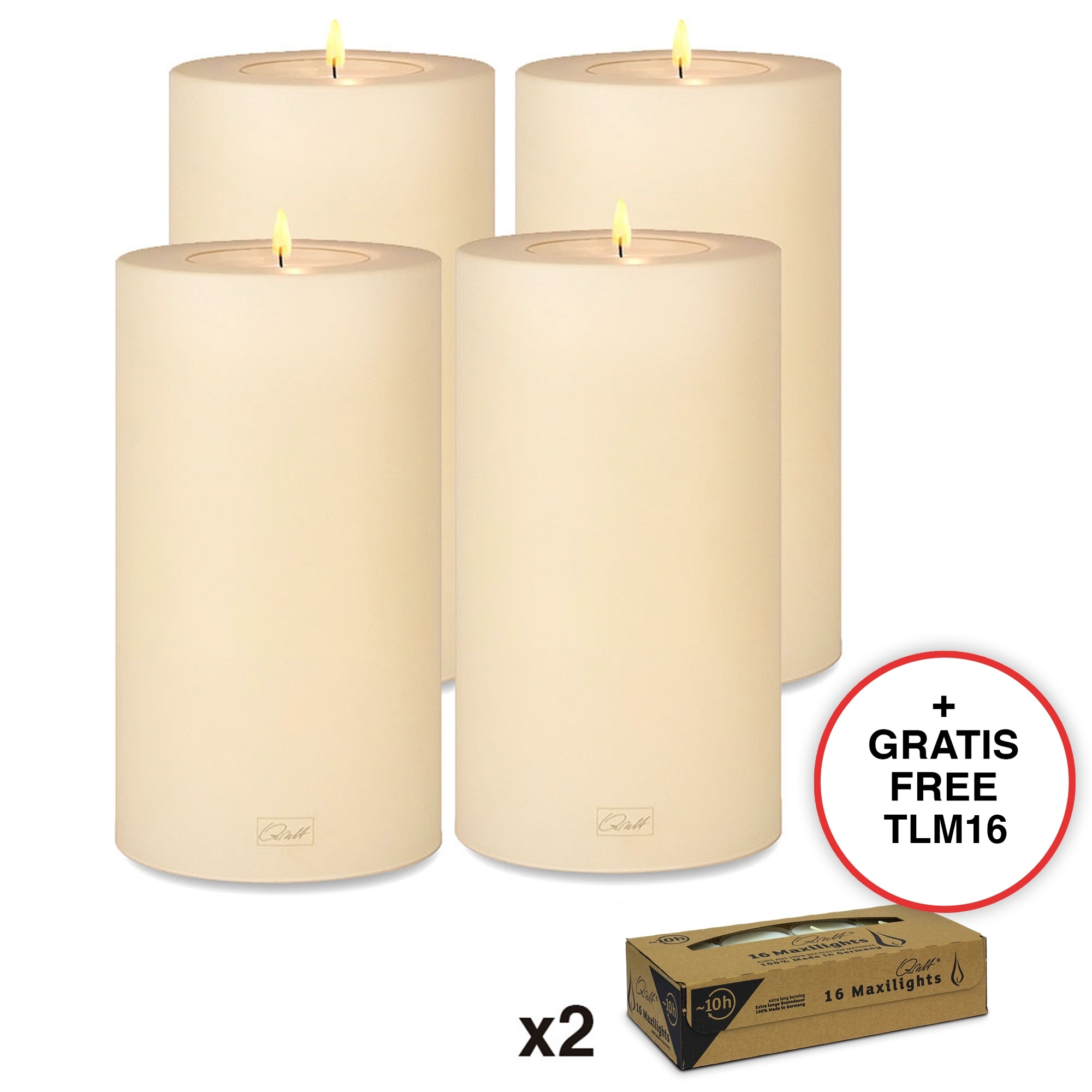 Qult Farluce Trend - Tealight Candle Holder - vanilla - Ø 10 cm H 18 cm + 2 x TLM16 - Set of 4