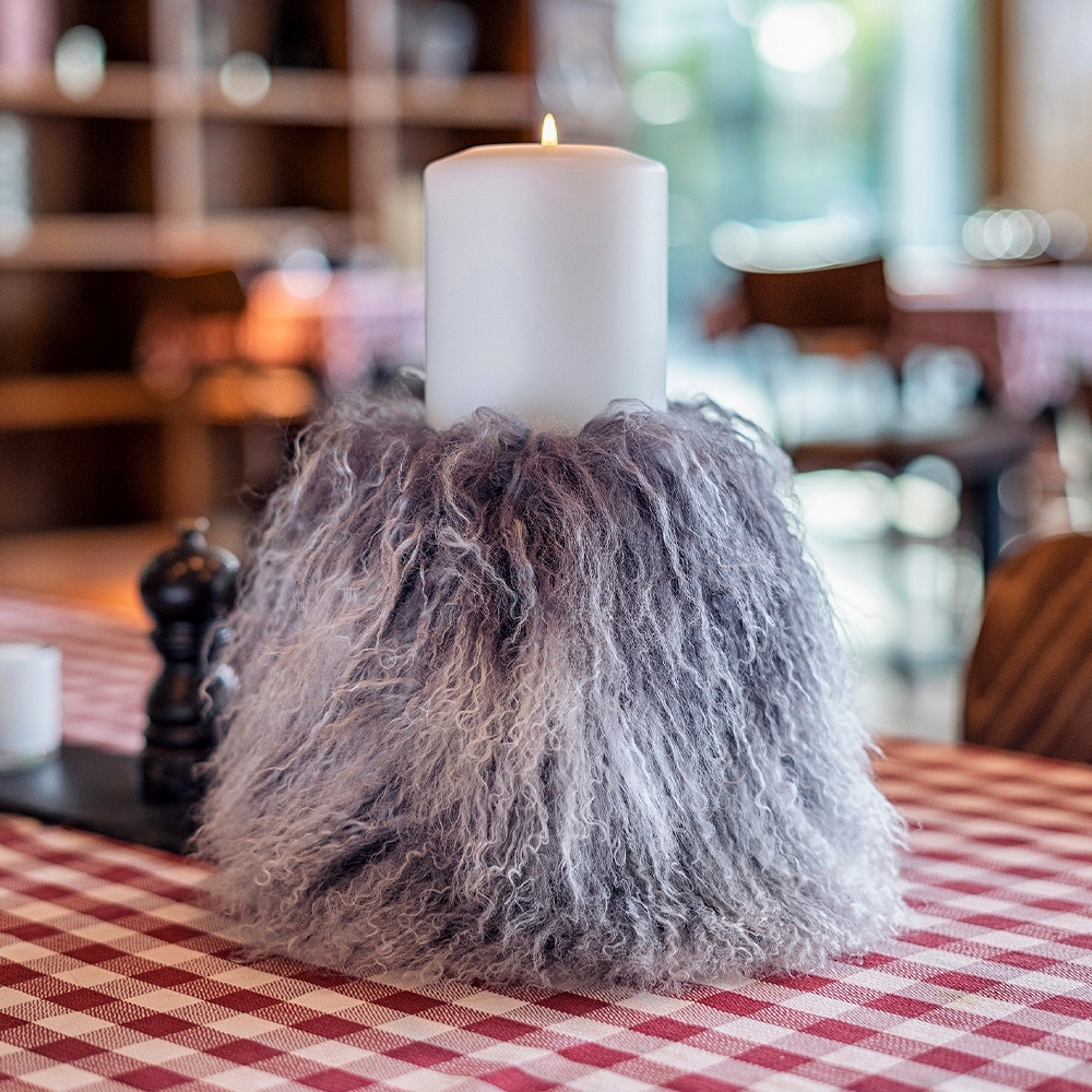 Qult Farluce Candle Real Fur - Tibet Lamb Grau - Candle Cover - Ø 10 cm x H Fur 20 cm