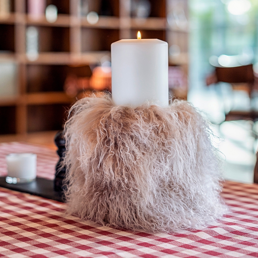 Qult Farluce Candle Real Fur - Tibet Lamb Taupe - Candle Cover - Ø 10 cm x H Fur 20 cm